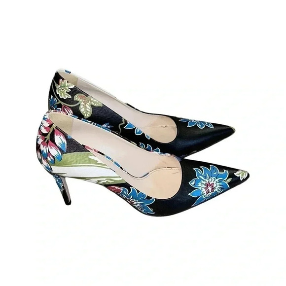 Prada Dark Floral Print Saffiano Leather Stiletto Heels Size 38 - Picture 1 of 6